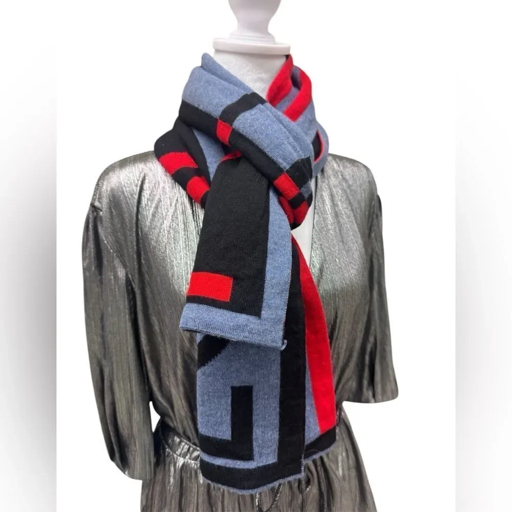 Auth Louis Vuitton 100% Wool Red Blue Black Gray Horizon Scarf Stole Muffler